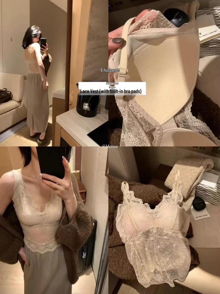 2025 Spring/Summer Women's French Lace Camisole with Chest Pad and Spaghetti Straps