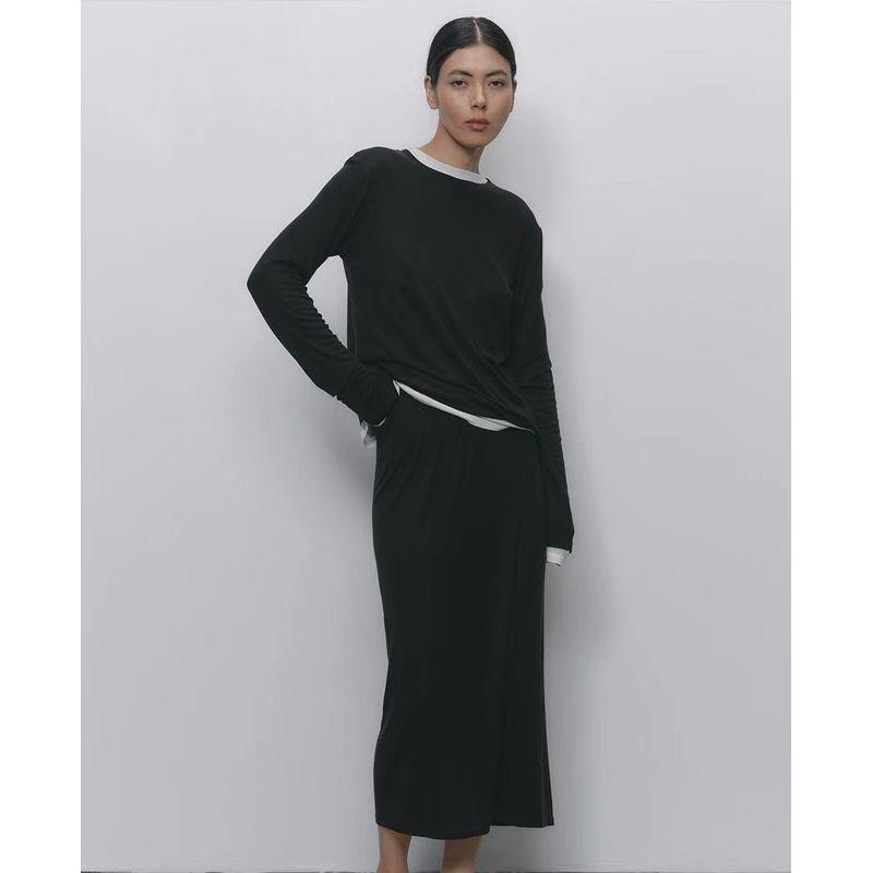 

Western Style New Modal Casual Top Wide Leg Pants Two-piece Set Casual Top and Pants Set Black Skirt Suit M