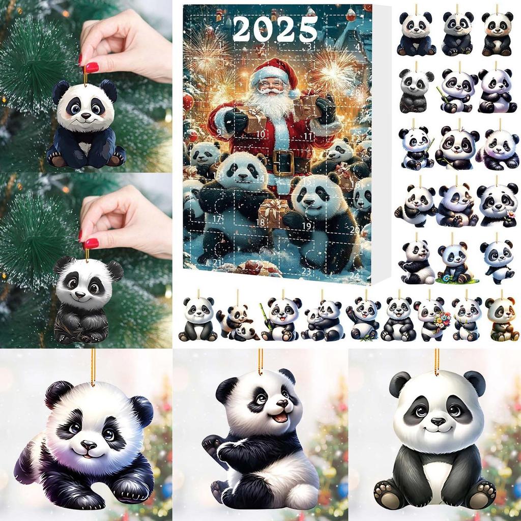 Weihnachts-Panda Adventskalender 24 Stück 2D Panda-Ornament Weihnachtsbaum Panda-Spielzeug Anhänger Panda-Thema Countdown-Kalender