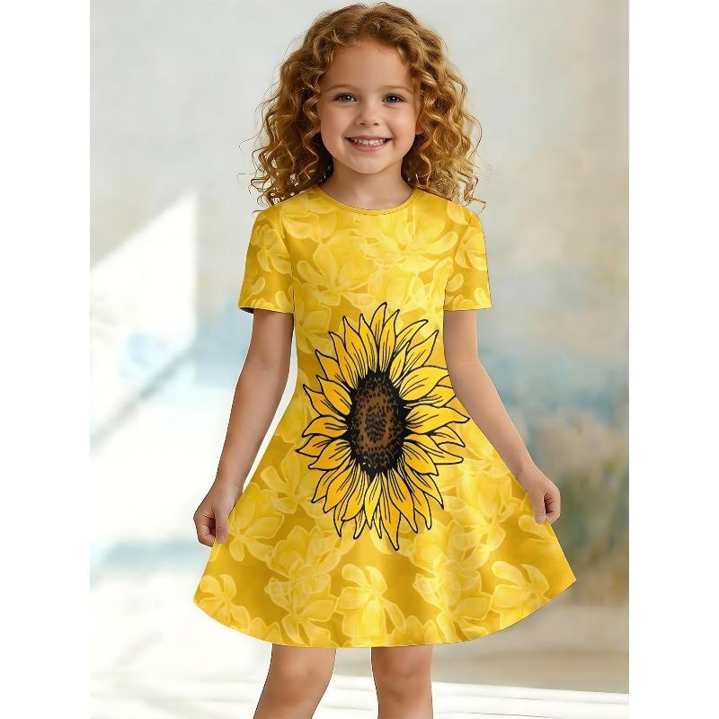 Cute Dress for Young Girls, Short Sleeved Round Neck Children's Party A-line Dress Suitable for Birthday Gifts