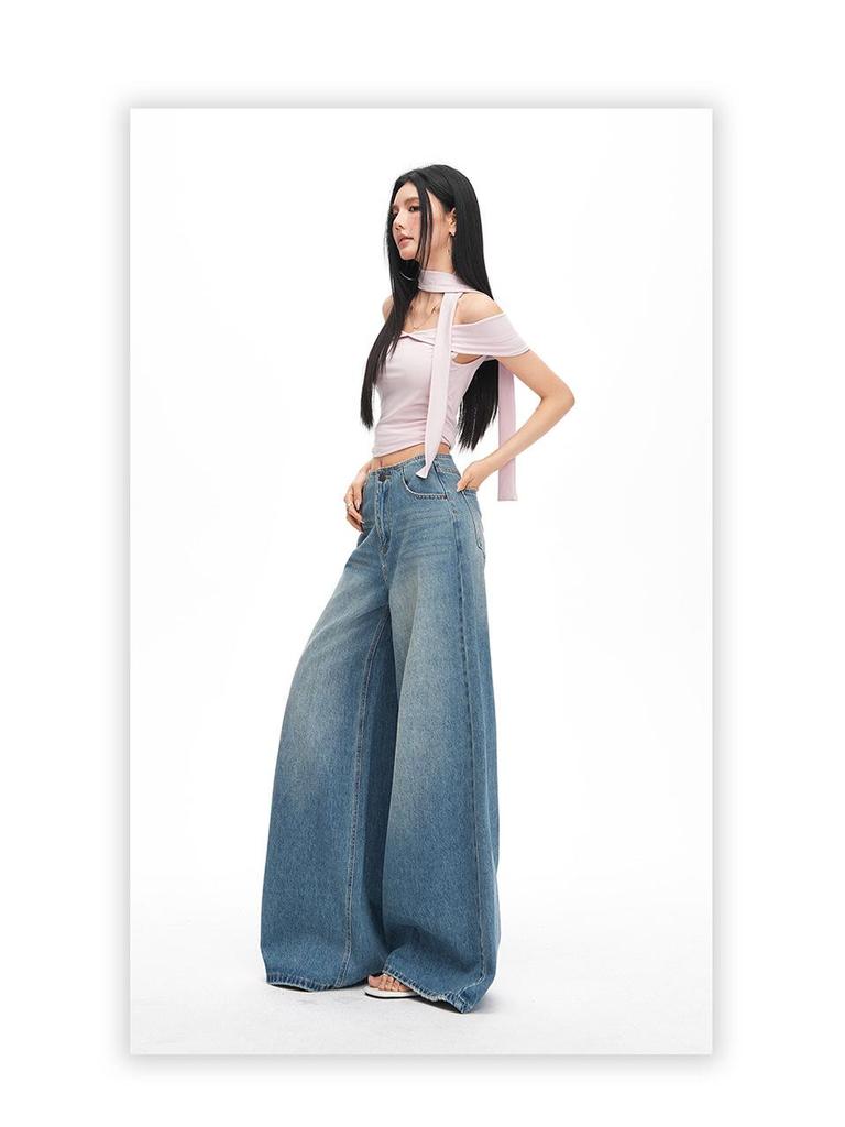 2026 Spring Women's Retro Wide-Leg Jeans: Waistless, Versatile, Loose, Slimming, Floor-Length Pants