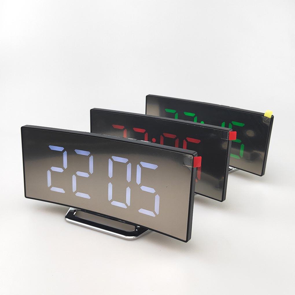 Curved Screen Mirror LED Digital Clock Creative Digital Alarm Clock with Large Display USB Charging Powered Bedside Table Clock