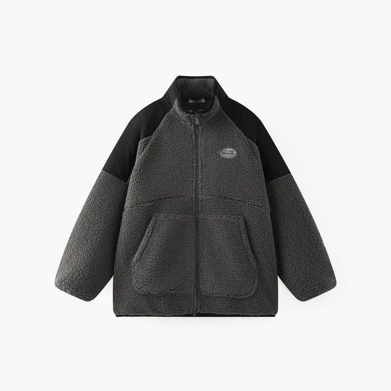 [Z]Mqd Children s Clothing Boys  Thickened Faux Lamb Wool Jacket 2025 Winter New Style Children s Warm Color-Blocking Stand-Up Collar Carbon Black 120