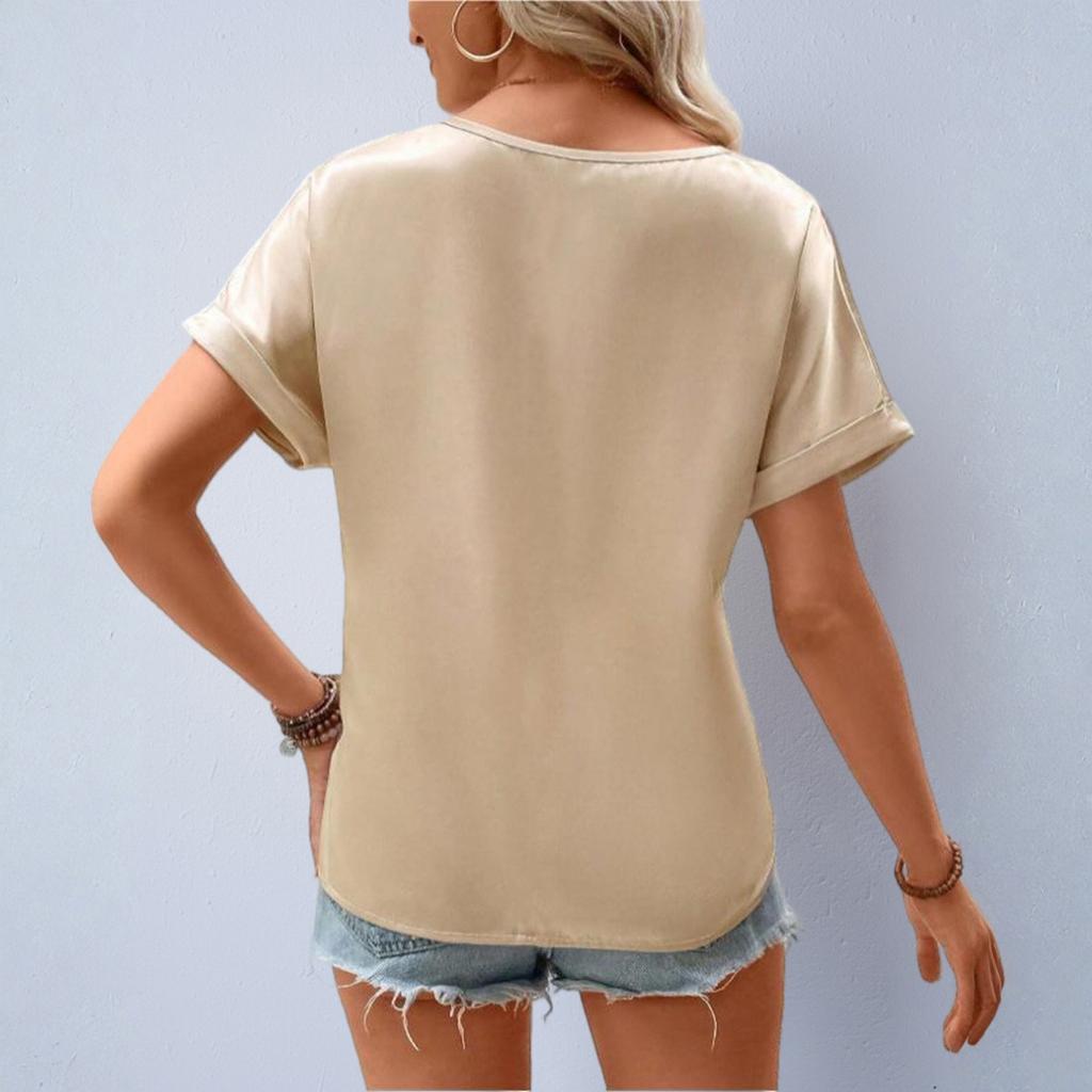 Women's Sading V-Neck Pocket Roll-up Short Sleeve Loose Top