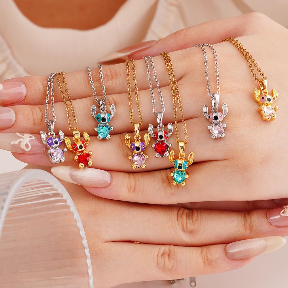 Fashion Pendant Necklace Cartoon Stitch Stainless Steel Link Chain 18K Gold Plated Zirconia Unisex No Fade No Allergy
