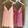 French Sexy New Pure Desire Deep V Sweet Bow Retro Pleated Suspender Skirt Homewear