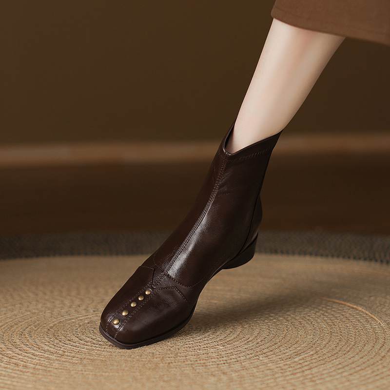 Krazing Pot Microfiber Winter Square Toe Modern Size 33 Boots Size 43 Metal Rivets Med Heels Zipper Women Ankle Boots