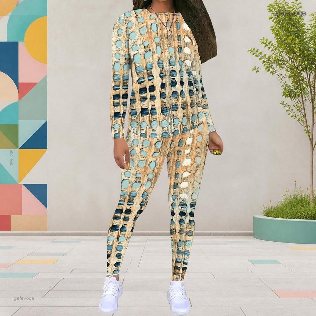 Women Plus Size Striped Printed Round Neck Long Sleeve Top And Fitted Pants Two Piece Set