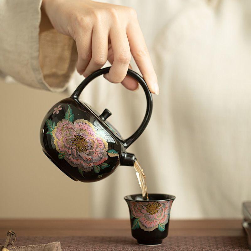 Black Glaze Lifting Handle Teapot Japanese Tea Infuser Pot Tea Brewing Kettle With Strainer Drinkware Ornaments