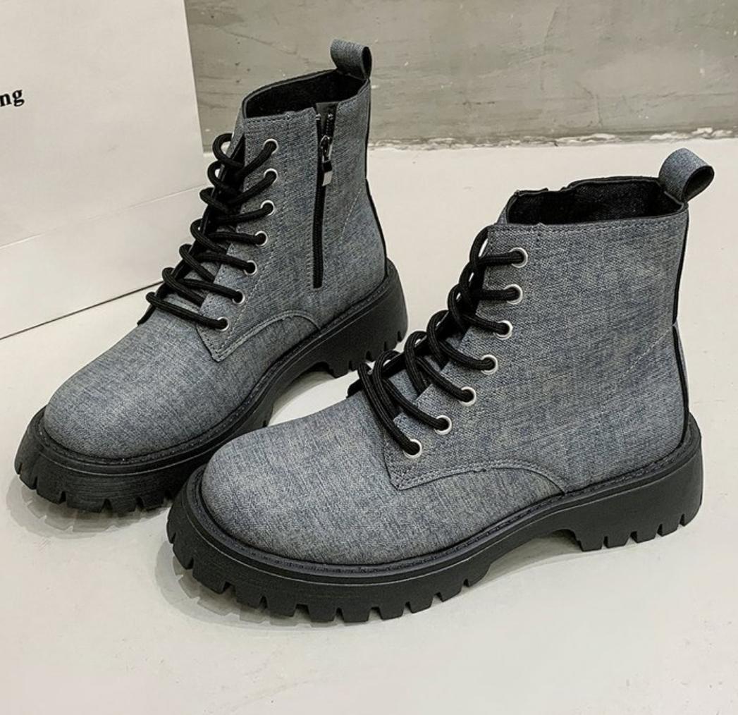 

Fashion Autumn Retro Trendy Women s Combat Boots Thick Bottom Street Canvas Shoes Outdoor Women Platform Motorcycle Boots Botas Mujer 35 серый