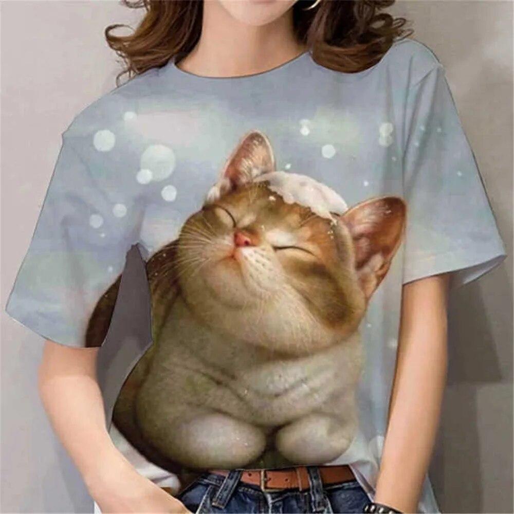 

Модная женская футболка с 3D принтом мультфильма аниме кота и круглым вырезом, белая женская одежда с короткими рукавами, летние топы для отдыха, пуловер 8XL