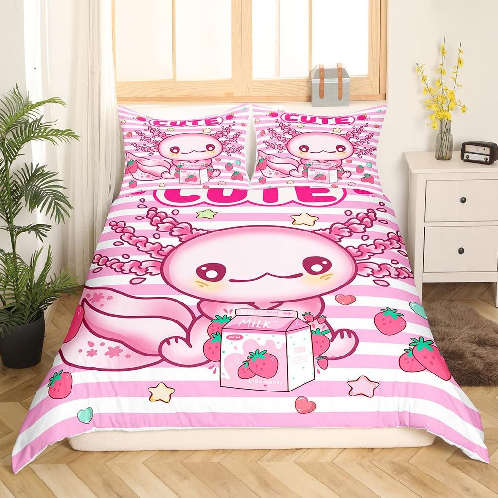 Sweet Strawberry Milk Duvet Cover King Queen Cute Bear Bedding Set Cartoon Fruits Animals Comforter Cover with 2 Pillowcases