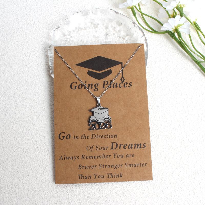 Stainless Steel Matte Golden Mortarboard Featuring Number 2026 Pendant Necklace Women Graduation Memorial Jewelry Gifts