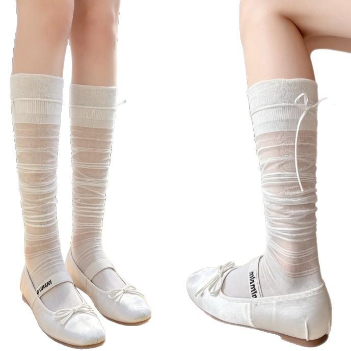 Korean Ballet Style Calf Socks Women's Spring and Summer Kola Stacking Socks Thin Breathable Jk Girl Bow Medium Tube Socks