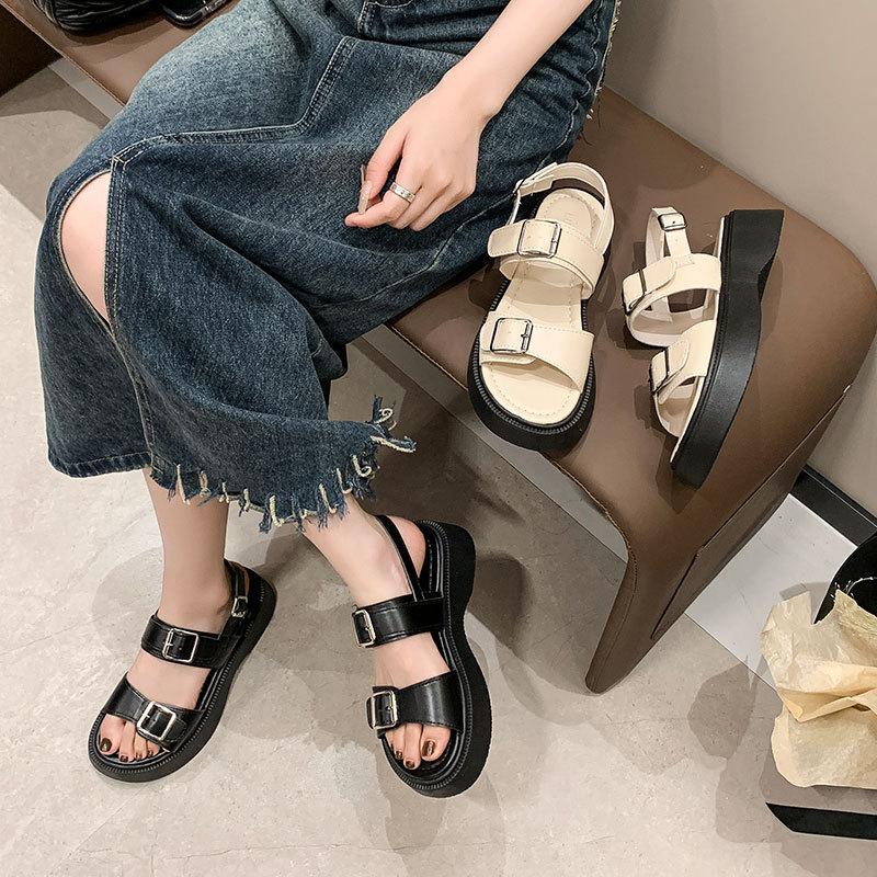 Muffin thick-soled one-word sandals women's summer new belt buckle versatile student casual Roman shoes