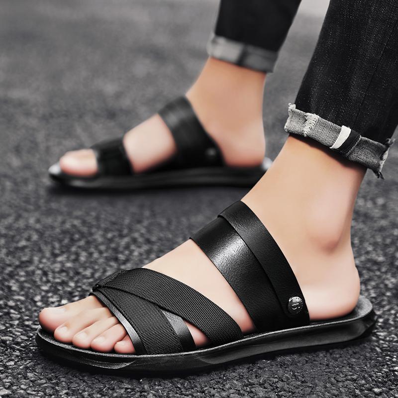 Men Casual Shoes Summer Beach Shoes Men Sandals Leather Black Sandals for Men Outdoor Soft Casual Shoes Flats Shoes Men Slipper