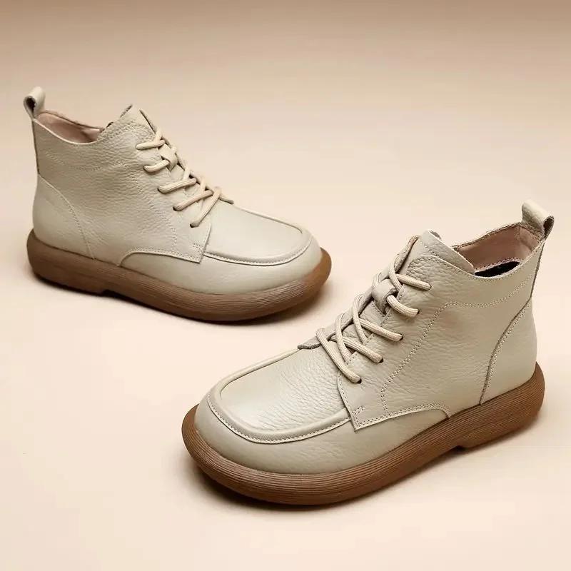 Vintage Genuine Leather Headlayer Cow Leather Fleece-Lined Flat Bottom Short Boots For Adults Retro Style Winter Season