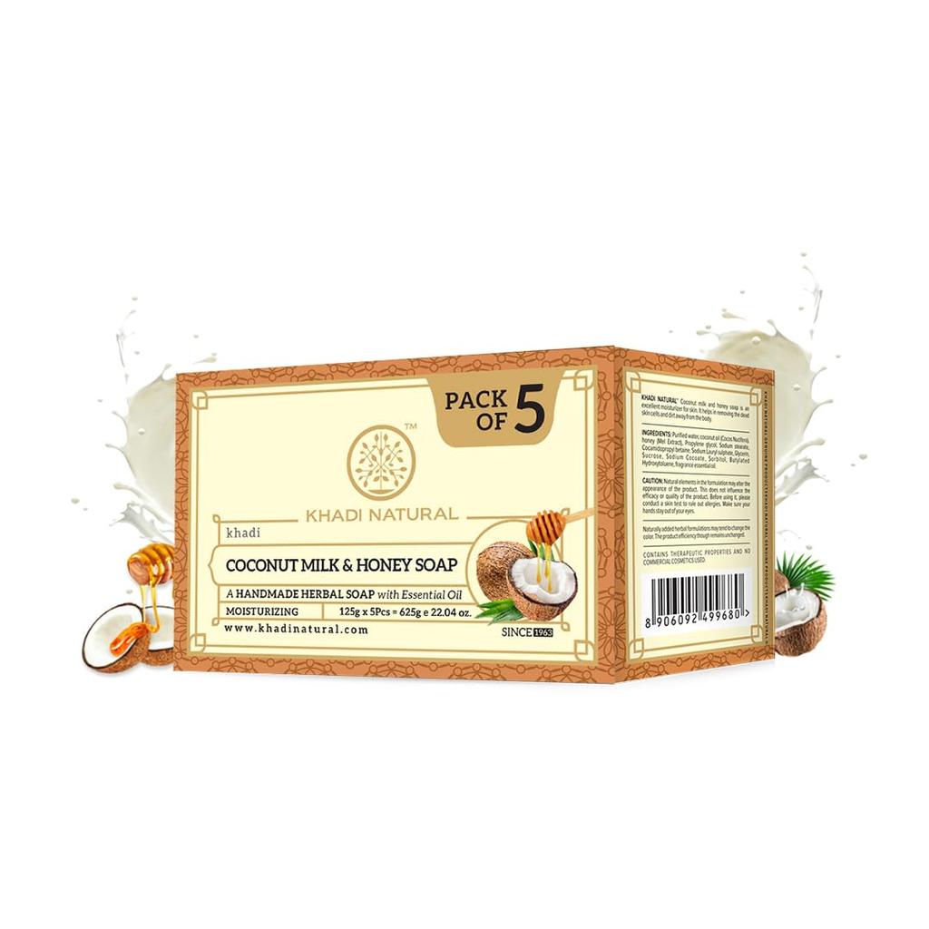 KHADI NATURAL Coconut Milk & Honey Herbal Bath Soap For Soft Glowing Skin Long Lasting Moisture All Skin Types Pack of 1 125g X 5pcs
