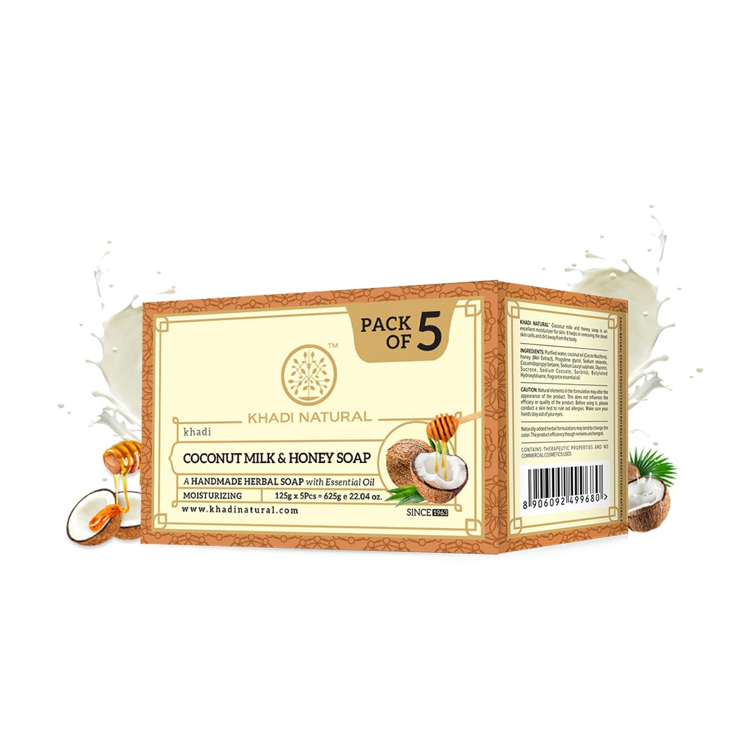 

Khadi Natural Coconut Milk & Honey Herbal Bath Soap For Soft Glowing Skin Long Lasting Moisture All Skin Types pack of 1 125g x 5pcs