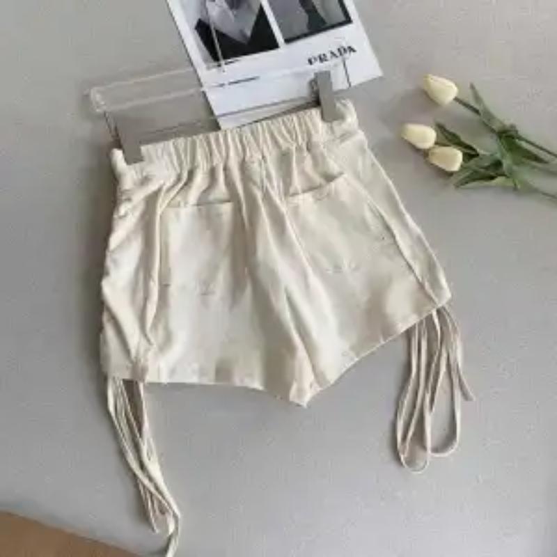 Women Summer Beige Drawstring Side High Waist Casual Pocket Shorts