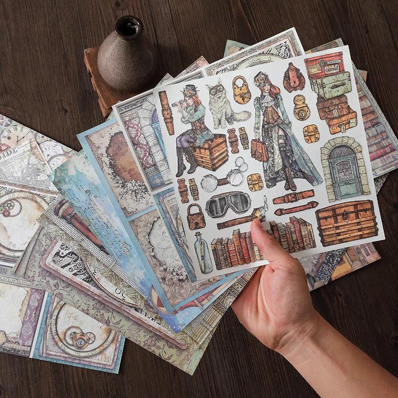 Large Retro Double-Sided Adhesive Journal Base and Decorative Background Paper Stickers