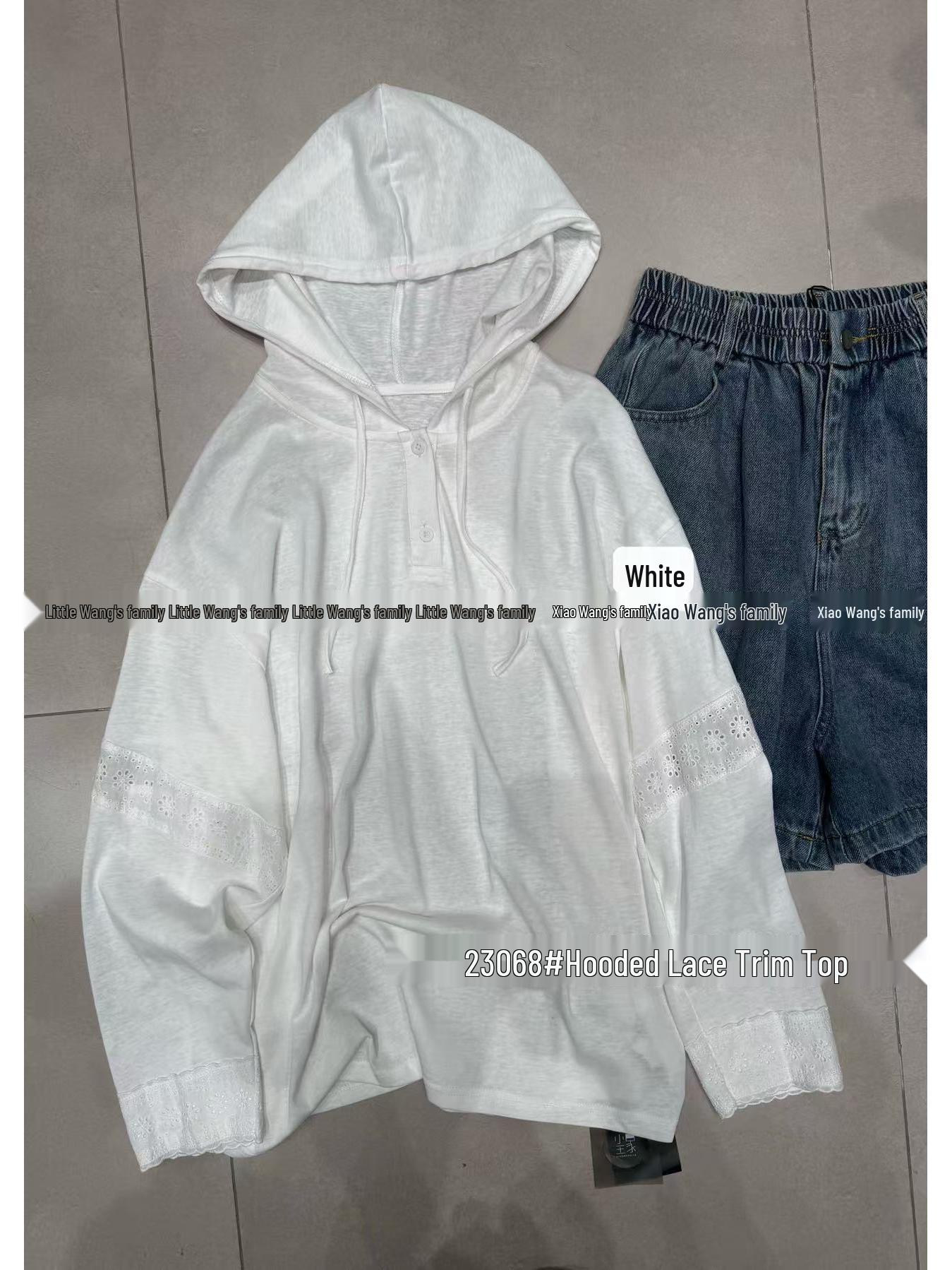 

Весенняя корейская футболка свободного кроя большого размера с кружевной вставкой и капюшоном, с длинным рукавом от Сяо Вана One Size белый