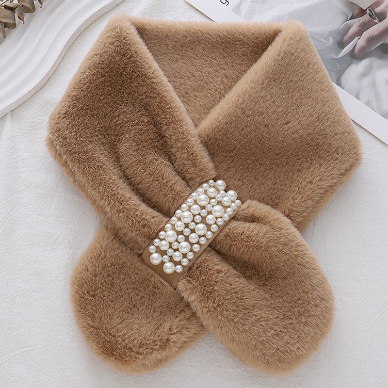 Winter Pearl Thick Warm Korean Girl's Scarf: Imitation Rex Rabbit Fur with Cross Design