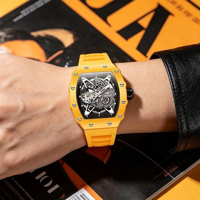 Automatic Skeleton Watch Mens Waterproof Luminous Tonneau Mechanical Wrist Watch Silicone Band