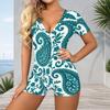 Women Plus Size Blue Green Floral Paisley Printed V Neck Short Sleeve Button Front Romper