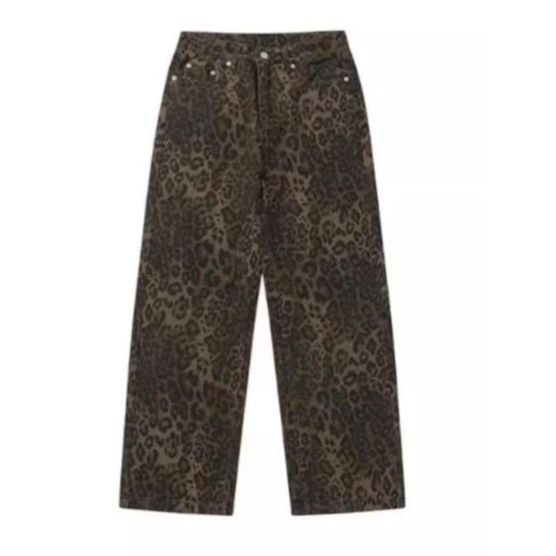

American retro leopard print jeans women s summer trendy brand niche wide-leg straight-leg pants loose and drape casual trousers waist 2XL