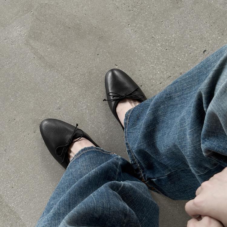 Bow flats 2025 summer new round head single shoes women's sheepskin shallow mouth leather women's shoes Korean version of ballet