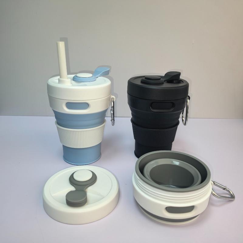 1pc 450ml Foldable Portable Telescopic Water Cup Outdoor Travel Silicone Coffee Cup Straw Cup with Buckle Save Space