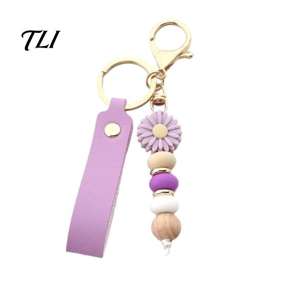 Anti Oxidation Metal Keychain Silicone Flower with Faux Leather Wristlet, Car Key Holder Ring Pendant, Handbag Backpack Charm Wood Beads Aesthetic