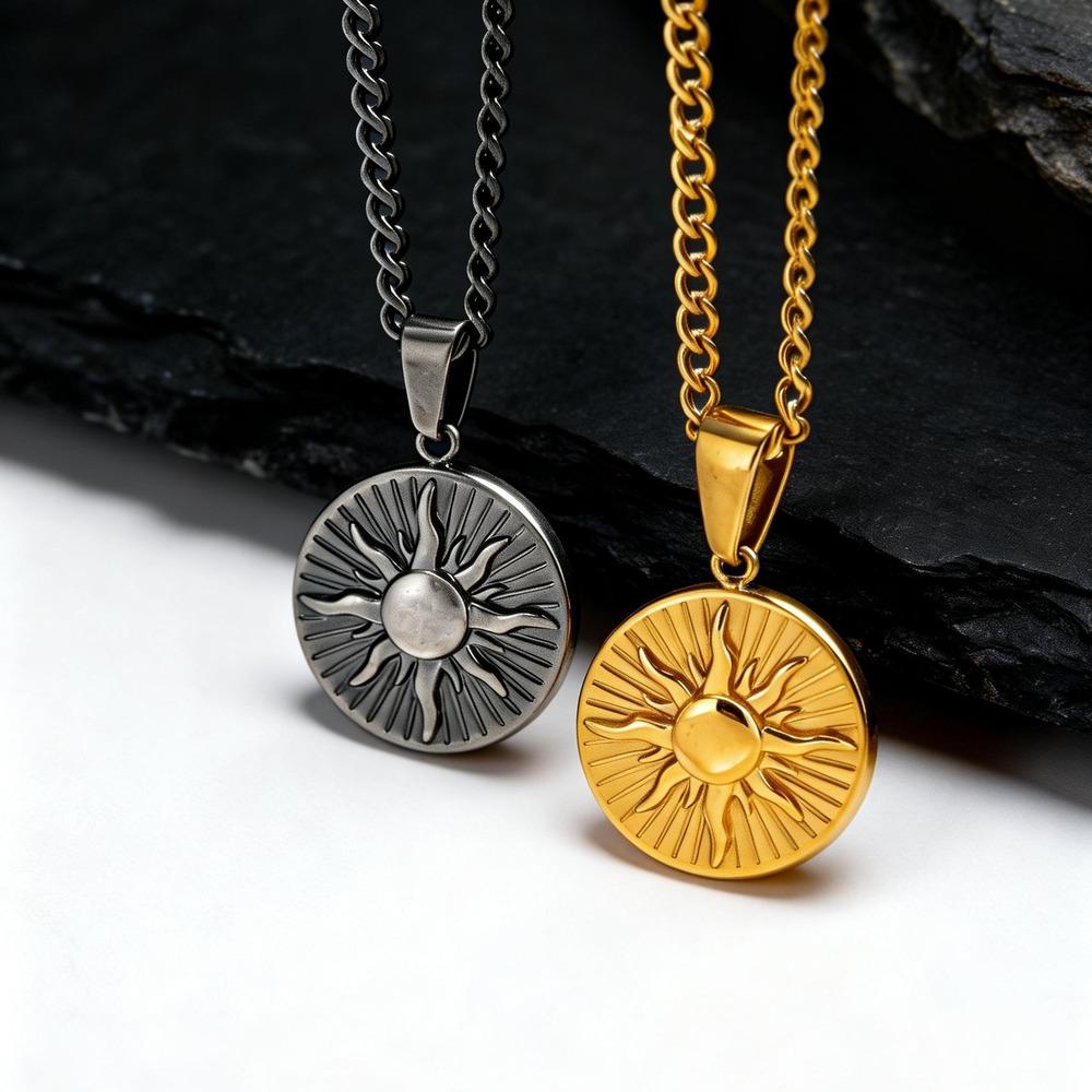 Vinage Sun Radiance Necklace for Men Boys,Gold Plated Stainless Steel Round Pendant Necklace,Hip-hop New Jewelry Gift