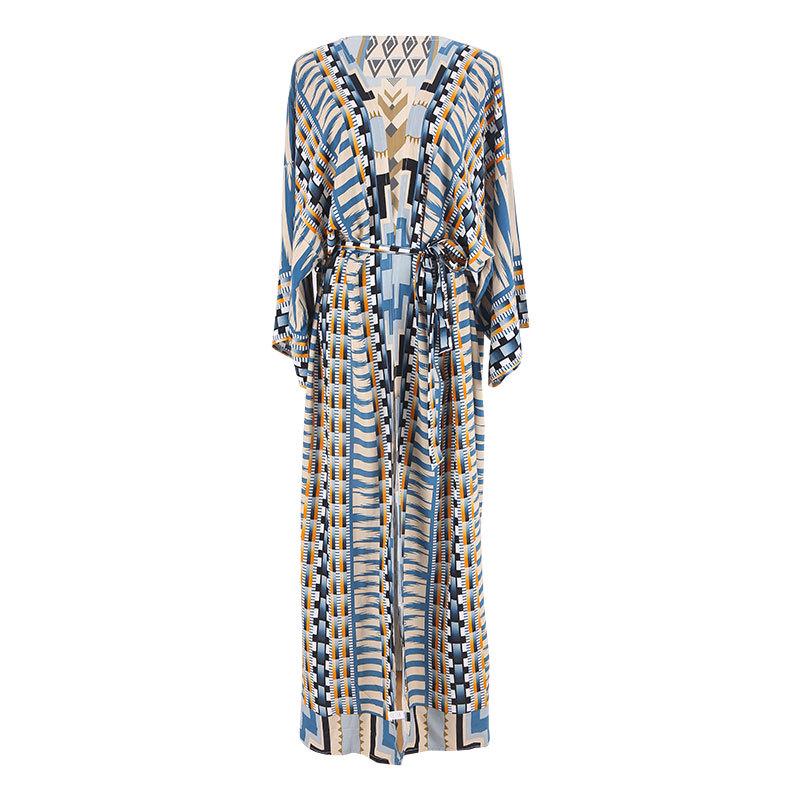 Zielony Geometryczny Kardigan: Luźna kurtka plażowa chroniąca przed słońcem dla kobiet