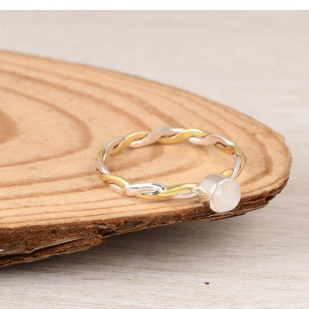 Moonstone Twisted Band 925 Sterling Silver Two Tone Ring, Minimalist Moonstone Ring, Handmade Stacking Ring, Gift for Her