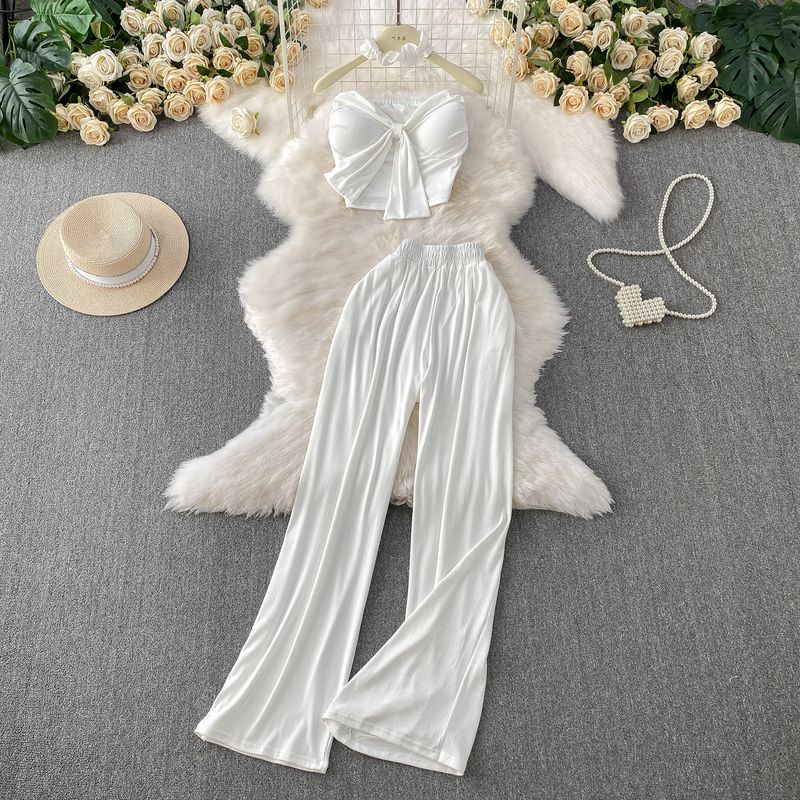 Pure Desire Style Sexy Lace-up Short With Chest Pad Tube Top Hanging Neck Top + High Waist Slimming Wide Leg Pants Two-piece Suit