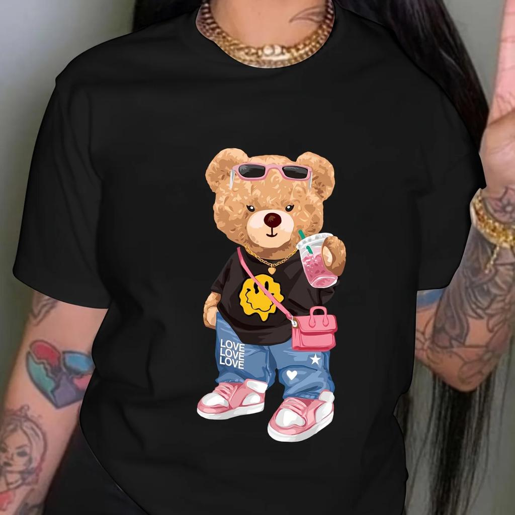 Cool Little Bear Print T-shirt, Short Sleeve Crew Neck Casual Top For Summer & Spring, Women's Clothing