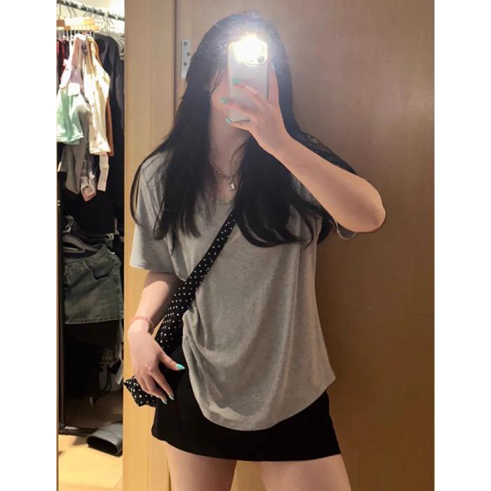 White V-neck Short-sleeved T-shirt Women's Summer New Loose Solid Color Bottoming Shirt with Spice Girl Student Top Trendy