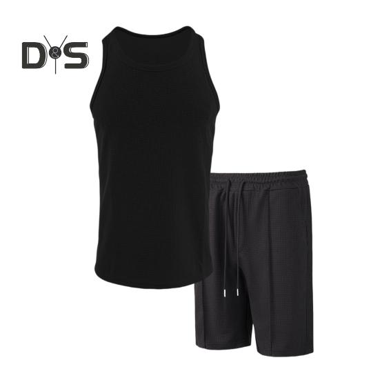 2Pcs/Set Men Sportswear Waffle Fabric Solid Color O-Neck Sleeveless Vest Elastic Waist Wide Leg Shorts Suit Casual Wear
