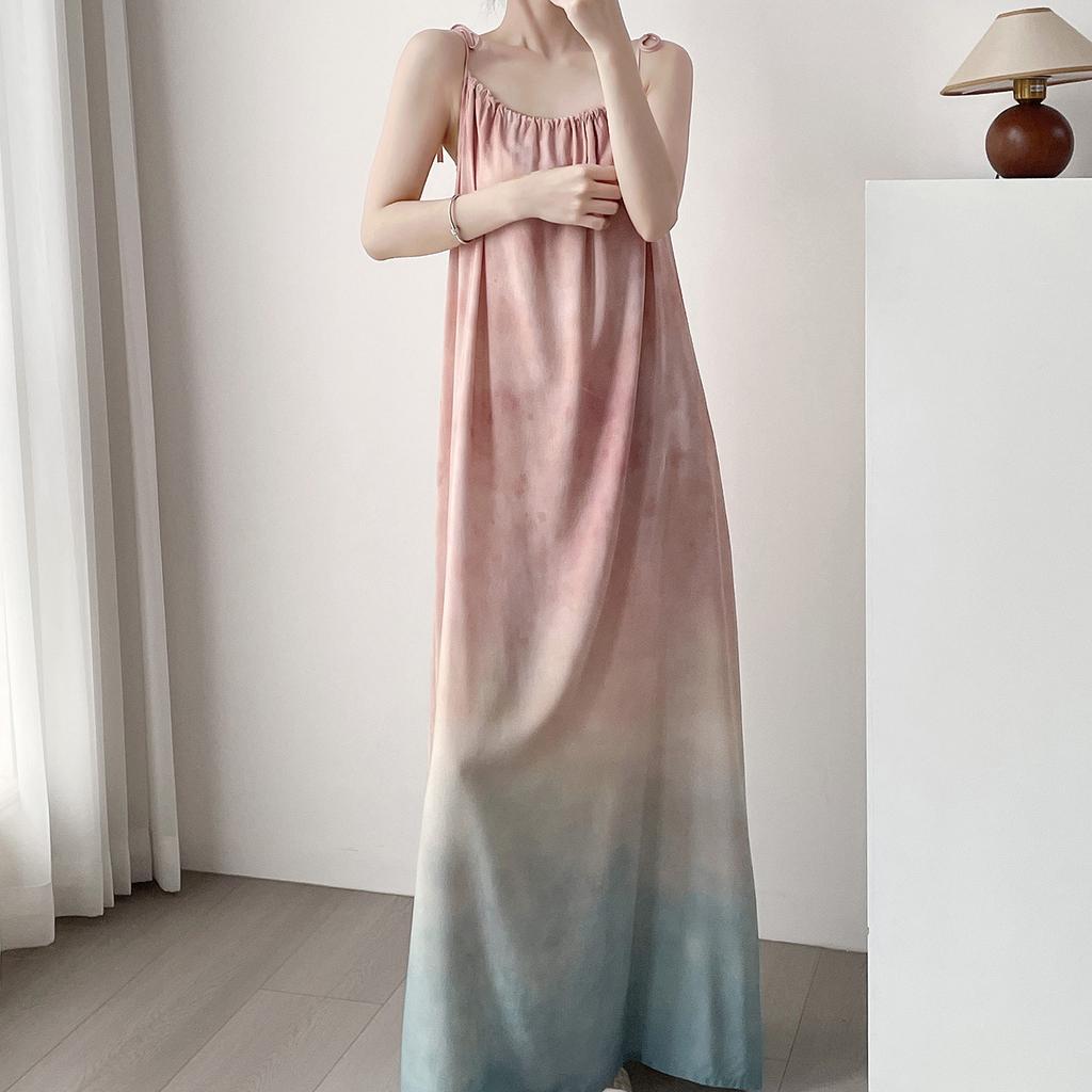 Holiday wind gradual change color anti bumps suspender nightdress women summer sweet with chest pad advanced sense can wear cotton silk skirt