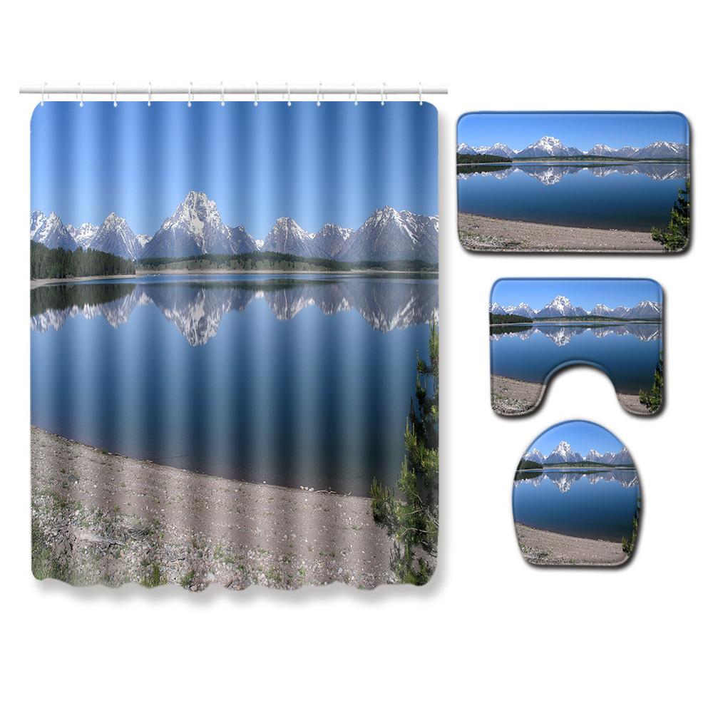 Landscape Shower Curtain Floor Mat Combination Four-Piece Set Bathroom Toilet Carpet Shower Room Mat Foot Mat