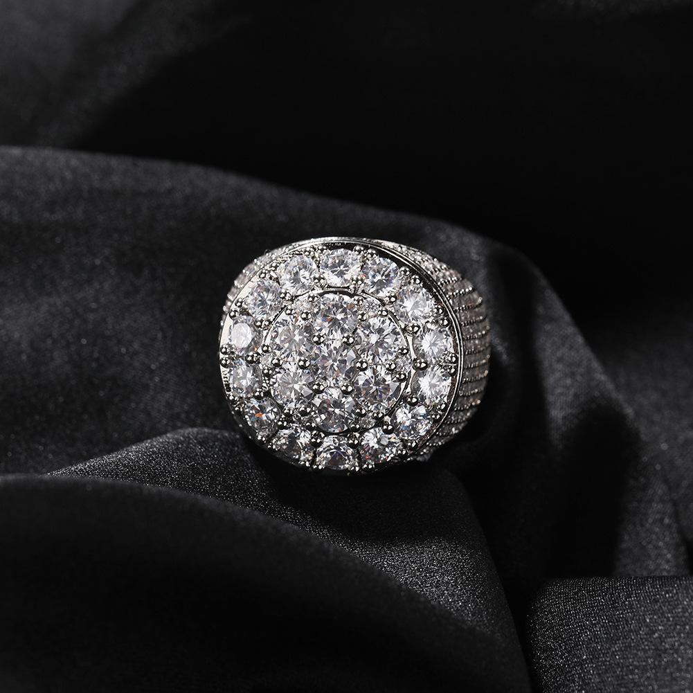 Men's Hip Hop Ring Trendy Retro Copper Material Real Gold Electroplated Flower Diamond Ring Personalized Jewelry
