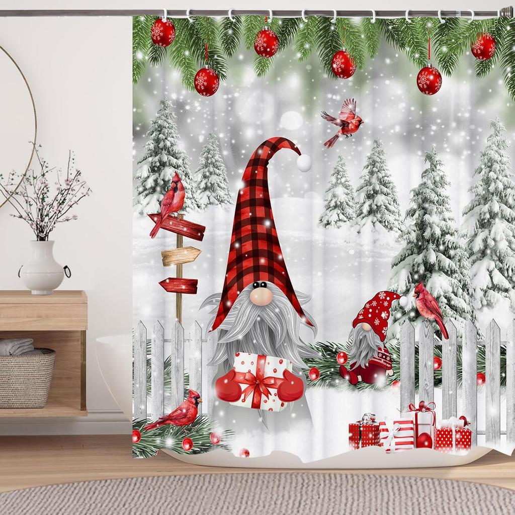 Christmas Gnome Shower Curtain With Cardinals & Snowy Xmas Balls Design, Funny Winter Bathroom Decor For Festive Holiday Style