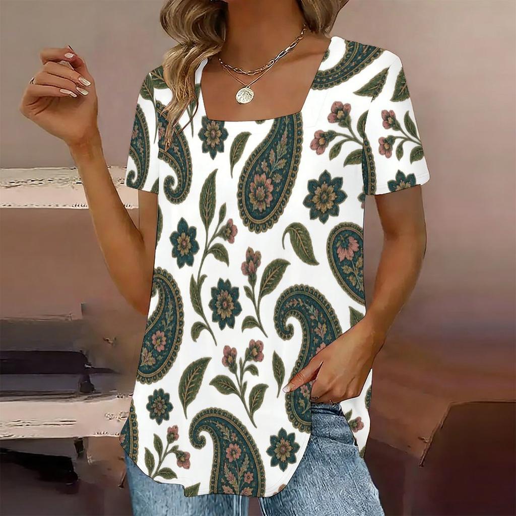 Women Plus Size U Neck Short Sleeve Printed T Shirt Geometric Pattern Navy Blue Curved Hem