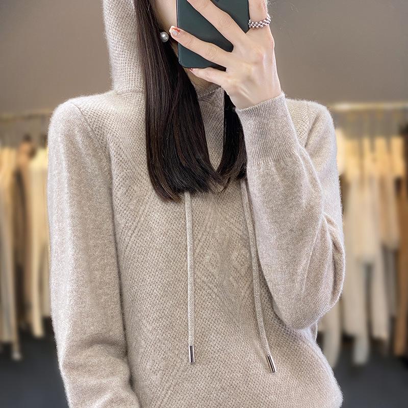 Autumn and winter new hooded knitted sweater women's top inside and outside hoodie loose and thin pullover sweater