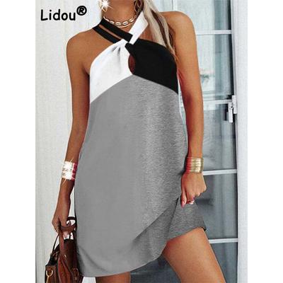 Sommer Sexy Halter Neck Patchwork Y2K Mini Kleider Für Frauen 2022 Ärmellose Tunika Übergroßen Lose Strand Casual Kleider Weibliche