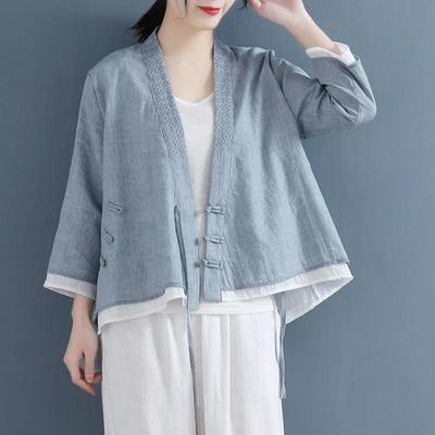 Tang-Anzug im Ethno-Stil, Sommerhemd mit Scheibenknöpfen und Stickereien, Damen-Strickjacke mit Dreiviertelärmeln, einfarbigen Nähten, Bluse im chinesischen Stil für Damen