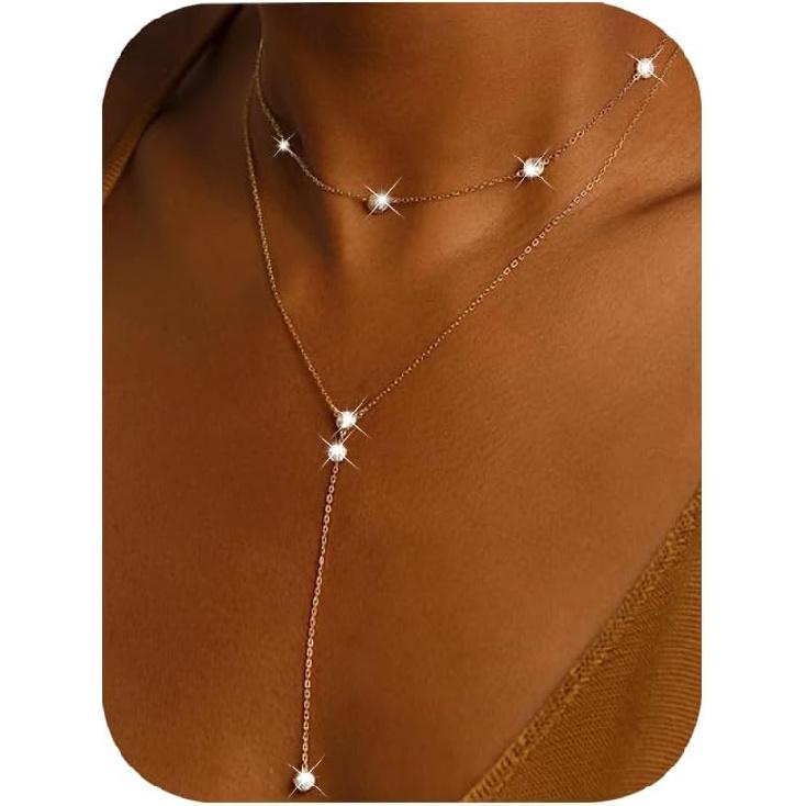 IF YOU Lariat Gold Lange Halsketten für Damen Trendig, Zarte 14K Vergoldete Tropfenkettenhalskette, Mehrlagige Rosenkranz-Perlen Y-Halsketten Schlichte Mode