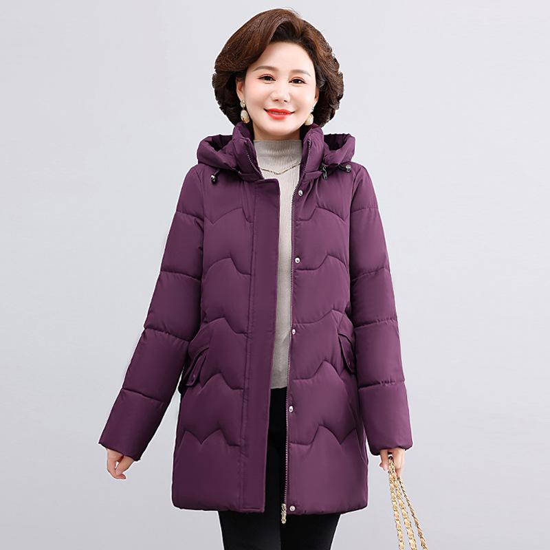 

Осенне-зимнее женское пуховое хлопковое пальто средней длины с капюшоном 2025, большого размера, подчеркивающее фигуру, хлопковая куртка для женщин среднего возраста 5XL фиолетовый